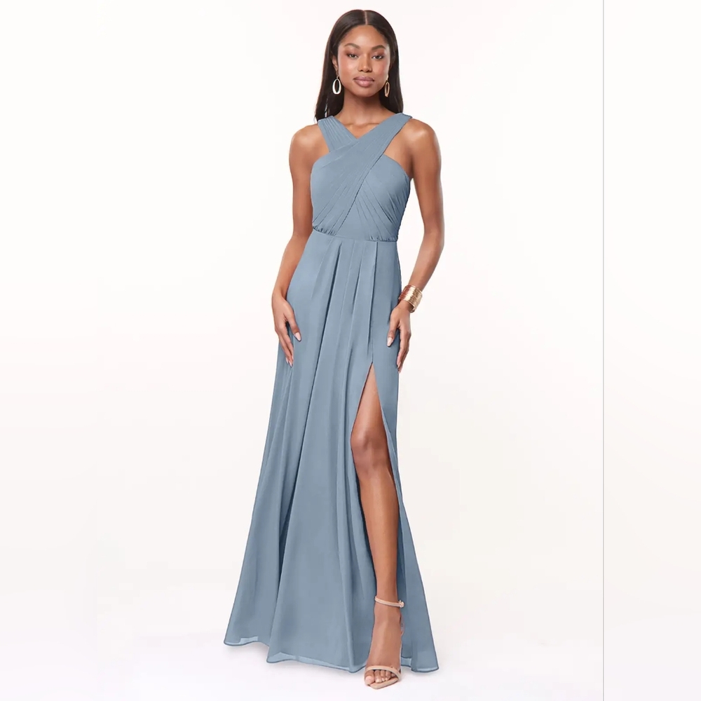 Azazie Brandie Dusty Blue Flowy Pleated Stretch Chiffon Dress